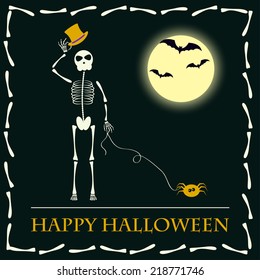 Halloween vector background with walking funny skeleton
