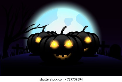 Halloween vector background wallpaper concept , the night with pumpkin, dead tree, and blue moon