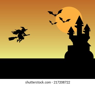 Halloween vector background : witch bats and castle 