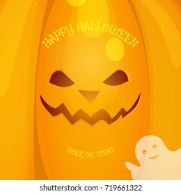 Halloween vector background with yellow pumpkin and ghost with text.