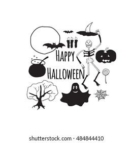 Halloween vector banner. Collection of halloween hand drown icons. Vector illustration.