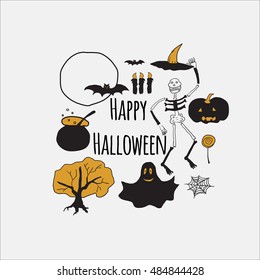 Halloween vector banner. Collection of halloween hand drown icons. Vector illustration.