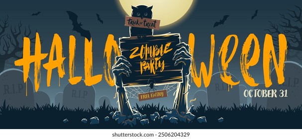 Halloween vector  banner - Dead Man's arms from the ground with invitation to zombie party. Illustration for invitation, greeting card or poster.