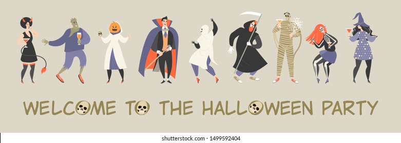 Halloween vector banner with funny cartoon people dressed in costumes of monsters and fairy-tale characters. Illustration in a flat style.