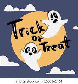 Halloween vector banner with hand drawn lettering Trick or Treat. Two funny ghosts in the night sky with full moon