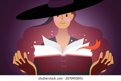 Halloween vector banner illustration. Young pretty witch practicing witchcraft with an open spells book. Witch doing magic.