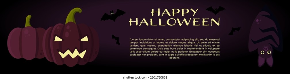 Halloween Vector Banner With Jack O'Lantern, Pumpkin and Bats. Perfect for Web Sites, Printed Materials, Social Media, etc.