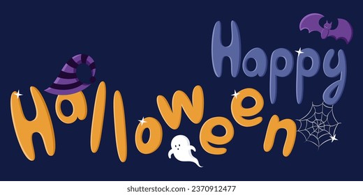 Halloween vector banner with lettering and set of cartoon illustration on purple background. Trick or treat. Hat, bat, ghost, web. Mystery and creepy.