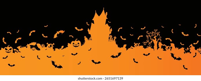 Halloween vector banner, poster with black bats on the orange background. Halloween background with swarm of bats, pumpkins, haunted house, skull, ghost tree. 