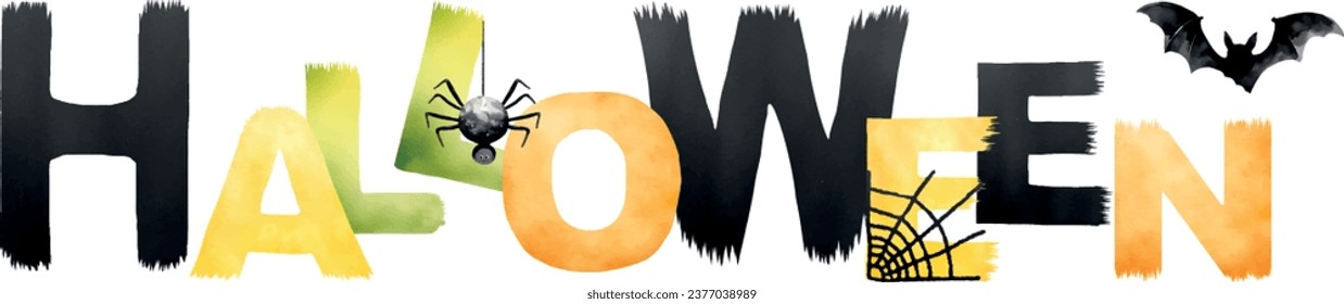 Halloween vector banner for print. Colorful Letter banner include black cat, spider, spiderweb, bat