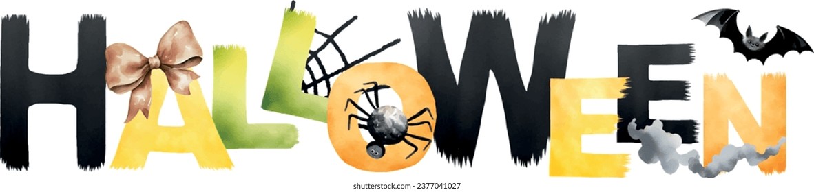 Halloween vector banner for print. Colorful Letter banner include black cat, bat, bow, spider, spiderweb, smoke, fog