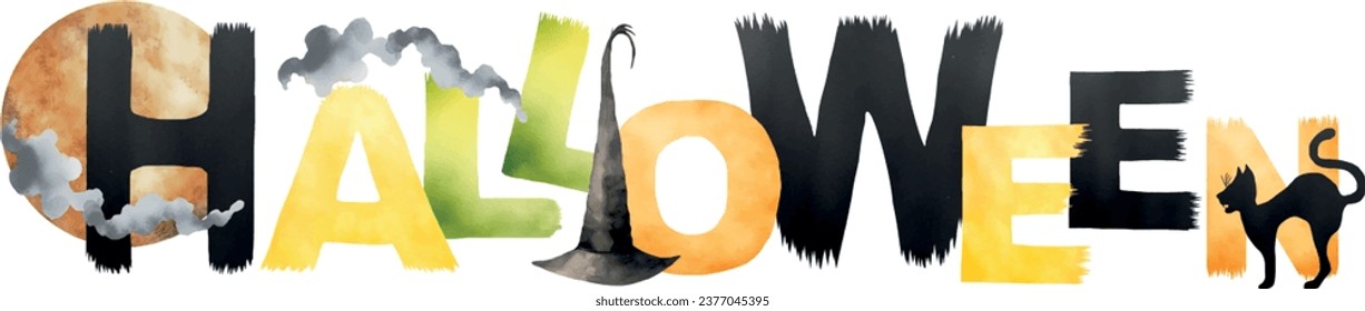 Halloween vector banner for print. Colorful Letter banner include witch hat, black cat, moon, smoke, fog