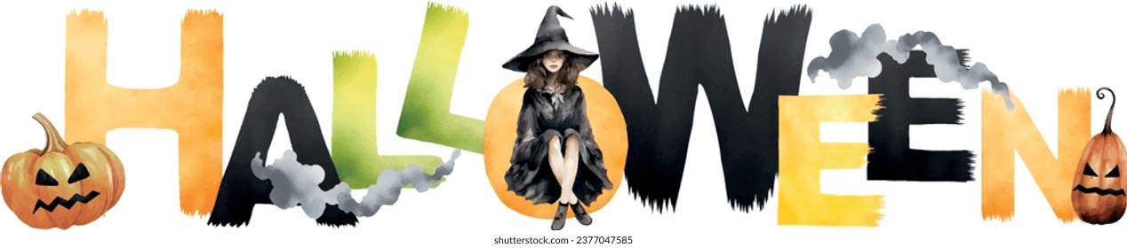 Halloween vector banner for print. Colorful Letter banner include witch, pumpkin, smoke, fog