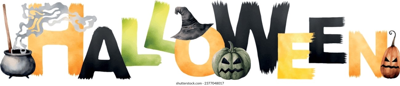 Halloween vector banner for print. Colorful Letter banner include witch hat, potion in cauldron, fearful pumpkins, smoke, fog