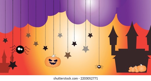 Halloween vector banner - pumpkins, scary spider, castle and stars - orange and purple colors