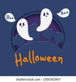 Halloween vector banner template with hand drawn lettering. Two ghosts and trees silhouette on purple and dark blue background