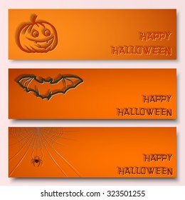 Halloween vector banners set with abstract pumpkin, flying bat and cobweb.