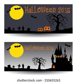 Halloween vector banners set / Halloween vector / Bat, pumpkin, castle, graves, full moon 
