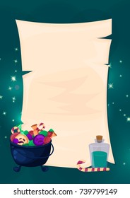 Halloween vector banners for you text. Old paper with magic cauldron and sweets, poison.