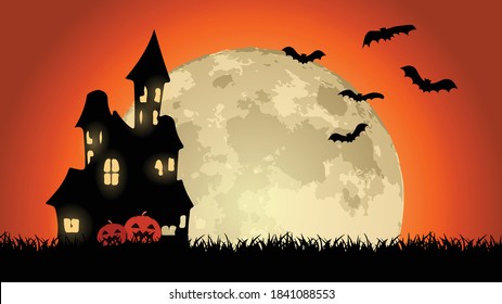 Halloween vector with bats flying in the sky Orange in the night Halloween house With a pumpkin in front of the house And a yellow moon in the background