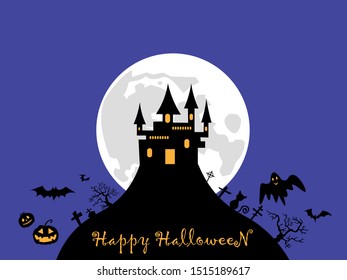 Halloween vector black castle with horror graveyard and spooky tree and jack o'lantern pumpkin  in full moon night.illustration vector for halloween celebration in october