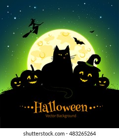 Halloween vector black and green background with moon, black cat and pumpkins.