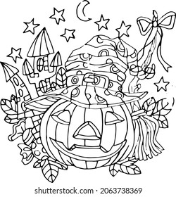Halloween vector black and white image of antistress with pumpkin, houses, broom, moon, stars, candy. Simple vector illustration for art therapy, coloring, for greeting cards, posters.