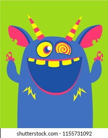 Halloween vector blue and horned monster with big teeth and mouth opened wide isolated. 