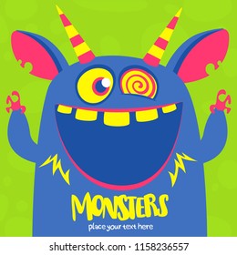 Halloween vector blue and horned monster with big teeth and mouth opened wide isolated. 