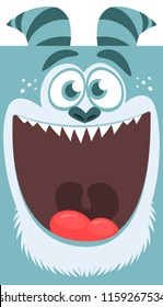 Halloween vector blue monster with big teeth and mouth opened wide isolated. 