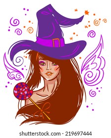 Halloween vector brunette witch girl with the purple magic swirls and wings