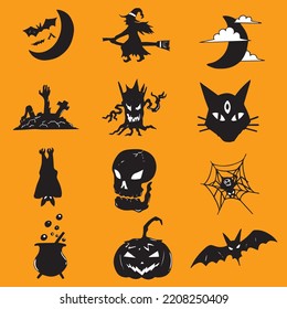 Halloween vector bundle set: skull, bat, cat, web, tree, moon, skull, pumpkin, witch. Spooky Halloween vector set for print and decoration