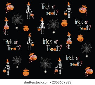 The halloween vector by black background with skeleton, pumpkin, pumpkin with candy, spider web, trick or treat wording for halloween paper wrap, wallpaper vector using on 31st October.