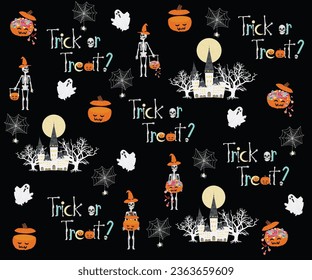 The halloween vector by black background with skeleton, pumpkin, pumpkin with candy, ghost, castle, spider web, trick or treat wording for halloween paper wrap, wallpaper vector using on 31st October.