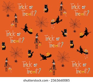 The halloween vector by orange background with black cat, skeleton, spider web, witch riding broomstick, trick or treat wording for halloween paper wrap, wallpaper vector using on 31st October.