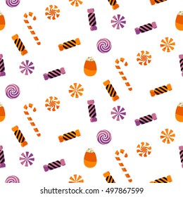 Halloween vector candy sweet seamless pattern. Trick or treat lollipop and caramel canes background.