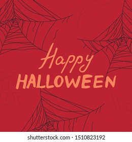 Halloween vector card. Banner.Happy Halloween lettering on red background with spider web.