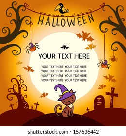 Halloween vector card with cat. Halloween border for design in a children's style. 