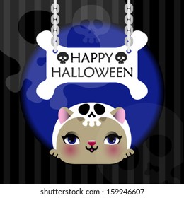 Halloween vector card with cat. Halloween border for design in a children's style. 