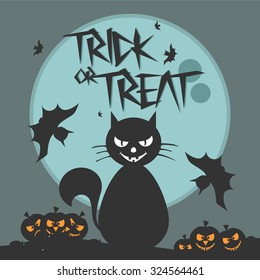 Halloween vector card with cat,  jack-o'-lantern, bat and hand lettered text. Vector art