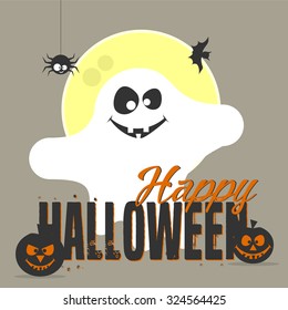 Halloween vector card with cute ghost,  jack-o'-lantern, spider, bat and hand lettered text. Vector art