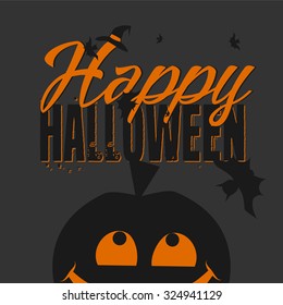 Halloween vector card with cute jack-o'-lantern, bat and hand lettered text. Vector art