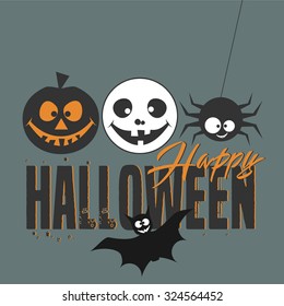 Halloween vector card with cute skull, jack-o'-lantern, spider, bat and hand lettered text. Vector art