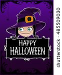 Halloween vector card. Framework, witch and letters. Drawing and lettering is handmade are made with white chalk on dark background. This useful to cards 105x148mm