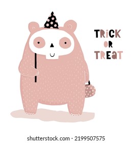 Halloween Vector Card with Funny Bear an a Skull Mask. Trick or Treat. Cute Bear in Party Hat Holding Bag for Treats. Lovely Hand Drawn Halloween Illustration ideal for Card, Poster, invitation. 