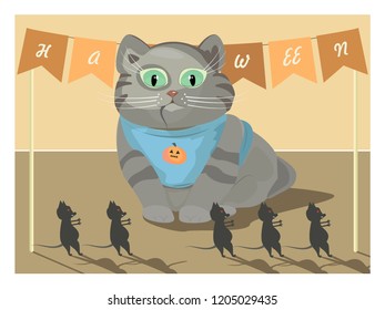 Halloween vector card. Funny cat and zombie mouse.
