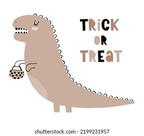 Halloween Vector Card with Funny Dinosaur. Trick or Treat. Cute Dino Holding Bag for Treats. Lovely Hand Drawn Halloween Illustration ideal for Card, Poster, invitation. Sweet Big Monster Print.