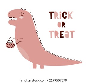 Halloween Vector Card with Funny Dinosaur. Trick or Treat. Cute Dino Holding Bag for Treats. Lovely Hand Darwn Halloween Illustration ideal for Card, Poster, invitation. Sweet Pink Monster Print.