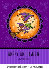 Halloween vector card with funny witch flying over the moon. Childish Halloween card in vector.