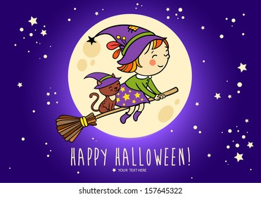 Halloween vector card with funny witch and her cat on a broomstick flying in front of the moon . Bright holiday background in vector.